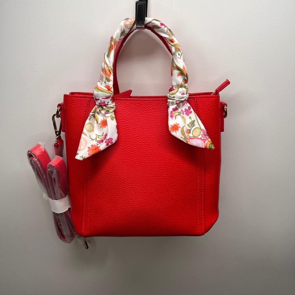 Red Pebbled Leather‎ Tote Bag with Floral Scarf Top Handle Detachable Strap